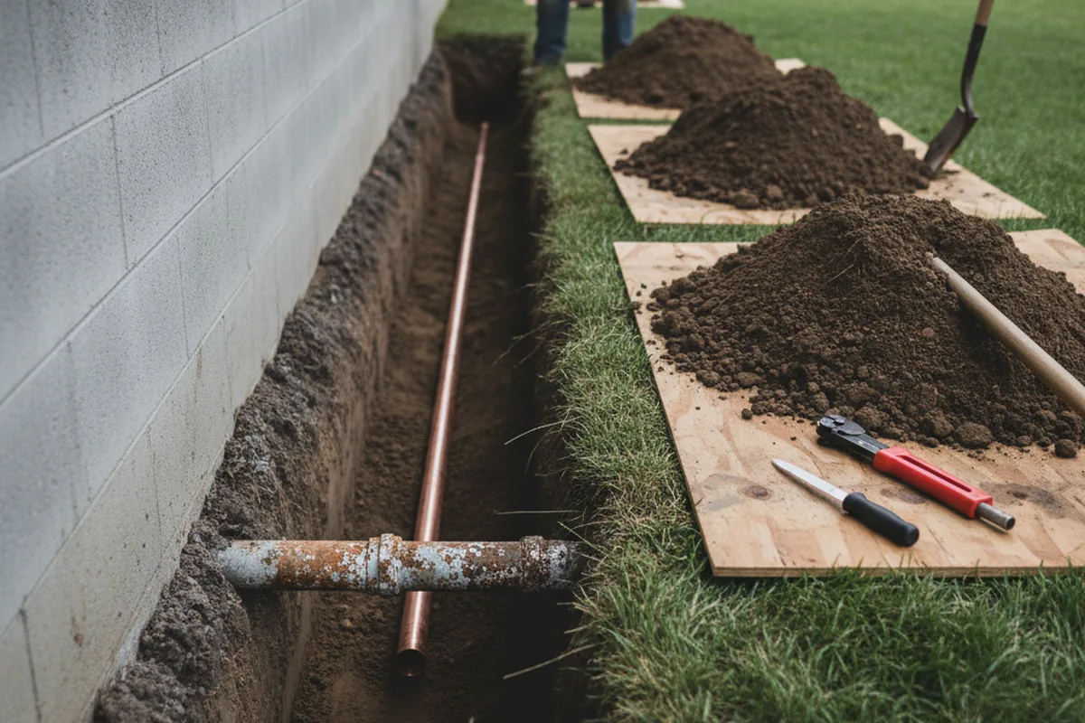 Excavated water line trench during Sewer Line Repair in Grenloch
